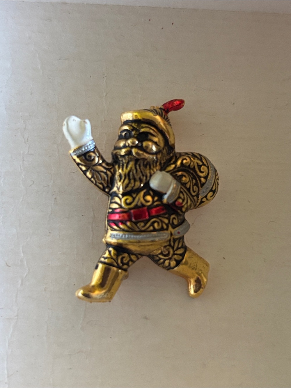 Vintage Damascene Gold Santa Figurine Holiday Brooch - Spain